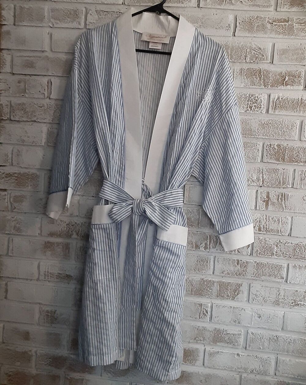 Vintage Stan Herman Seersucker Blue/ White Stripe Robe sz M